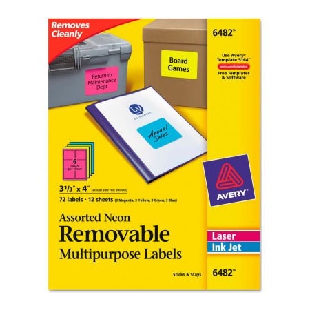 Avery Multipurpose Label, 3 1/2" Label W, 6 Labels per Sheet Neon Yellow 6482